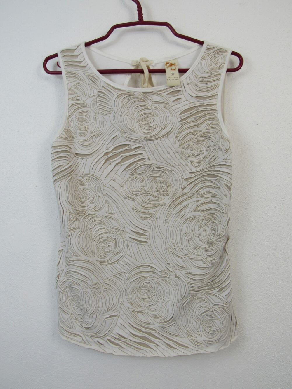 Anthropologie White Tank Top with Floral Cut Out Design Cream Y2K Flowers